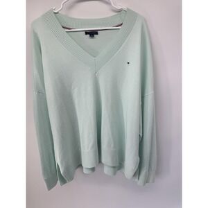 Tommy Hilfiger Sweater Womens XXL Green Solid V Neck Cotton Knit Logo Pullover